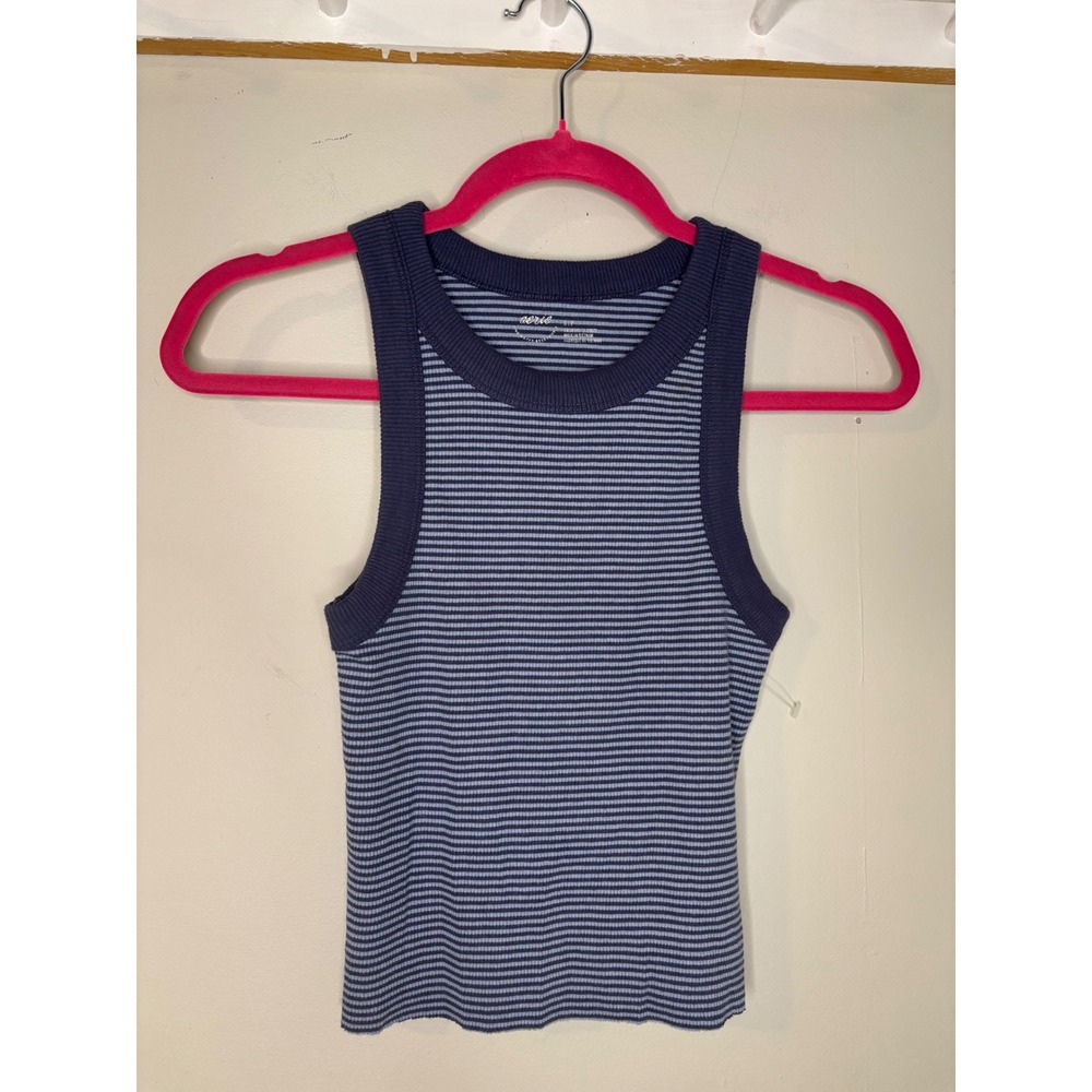 Aerie Striped Ribbed High Neck Tank Top Navy Blue Light Blue Small S/P
